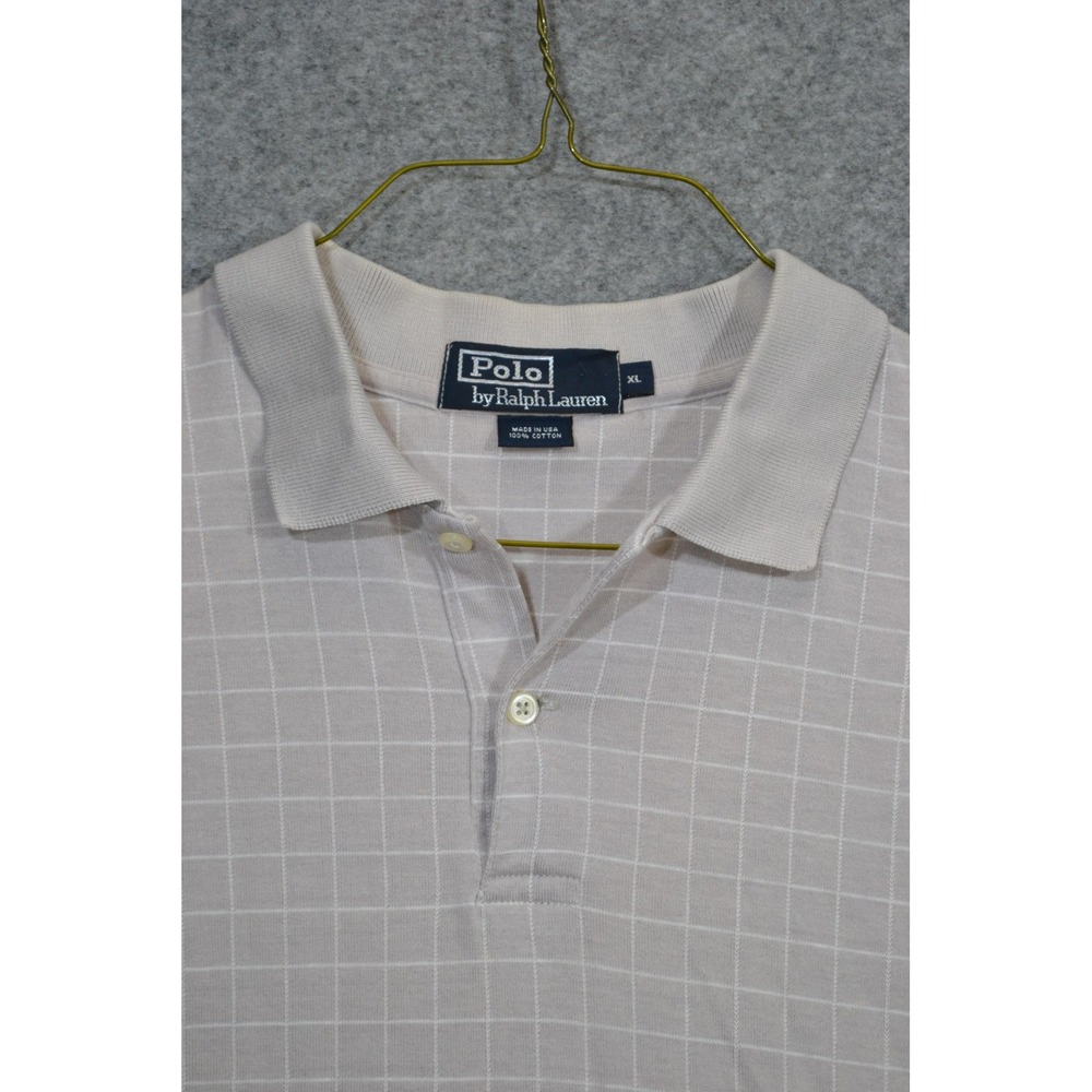 VTG Polo Ralph Lauren Polo Shirt Mens XL Beige Check Cotton Knit Made USA